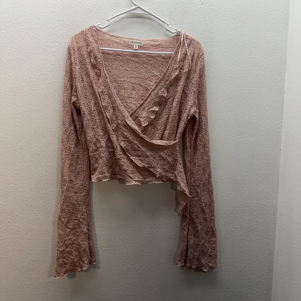 Earthbound Trading Co Y2K Pink Mesh Lace Fairy Coquette Boho Top Bell Sleeves XL